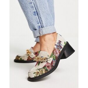 ASOS DESIGN Women's Sergio Floral Jacquard Loafers Size 10 Chunky Heel Chain